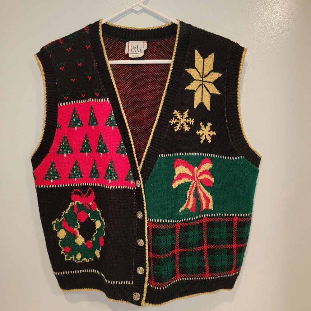 Cricket Lane Ugly Christmas Sweater Vest VTG Metallic Tartan Button Up Womens Lg
